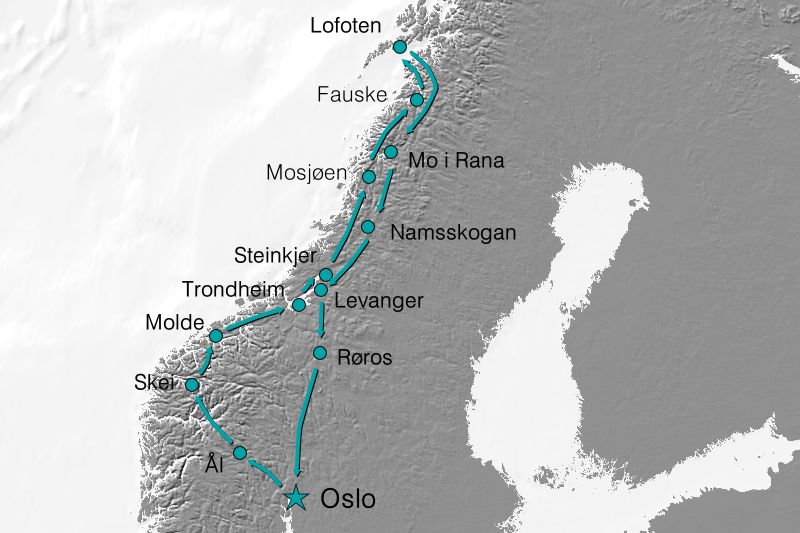 Karte Autorundreise Fjord- und Nordnorwegen