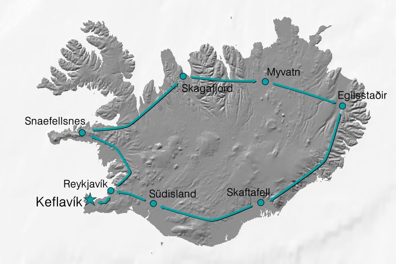 Karte Reiseverlauf Island - Gemütliche Autoreise