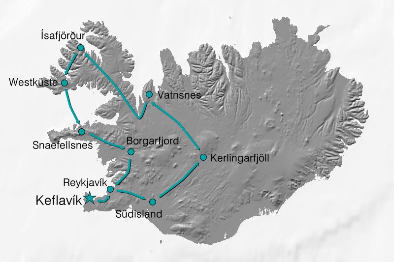Karte Reiseverlauf Islands Naturperlen im Westen